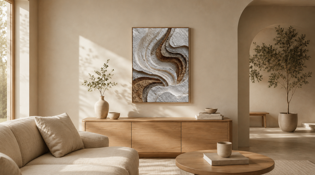 Wabi-Sabi textured wall art in a warm neutral organic modern living room with natural wood and sculptural decor.