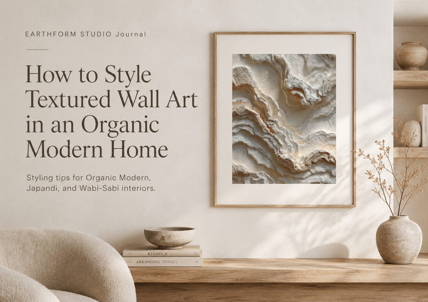 Neutral textured wall art styled in an Organic Modern interior for EARTHFORM STUDIO Journal