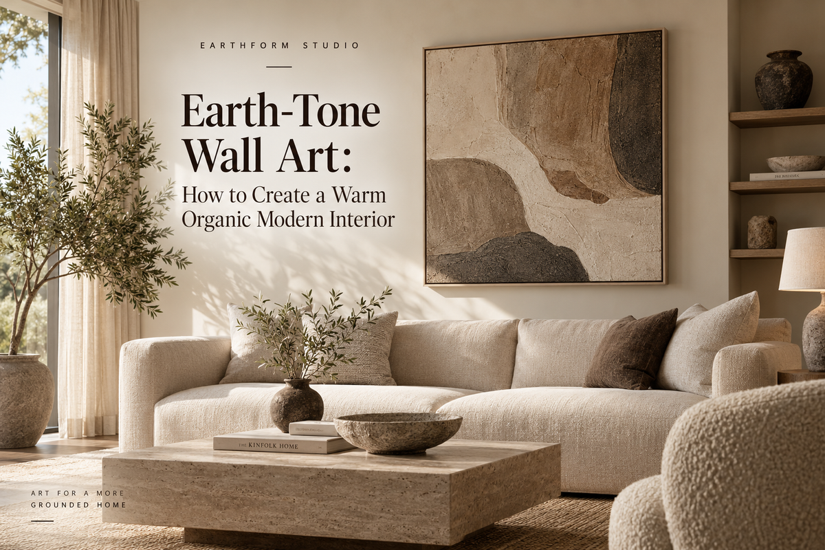 Earth-tone wall art in a warm organic modern living room with neutral textures, natural wood, stone, and soft beige decor.