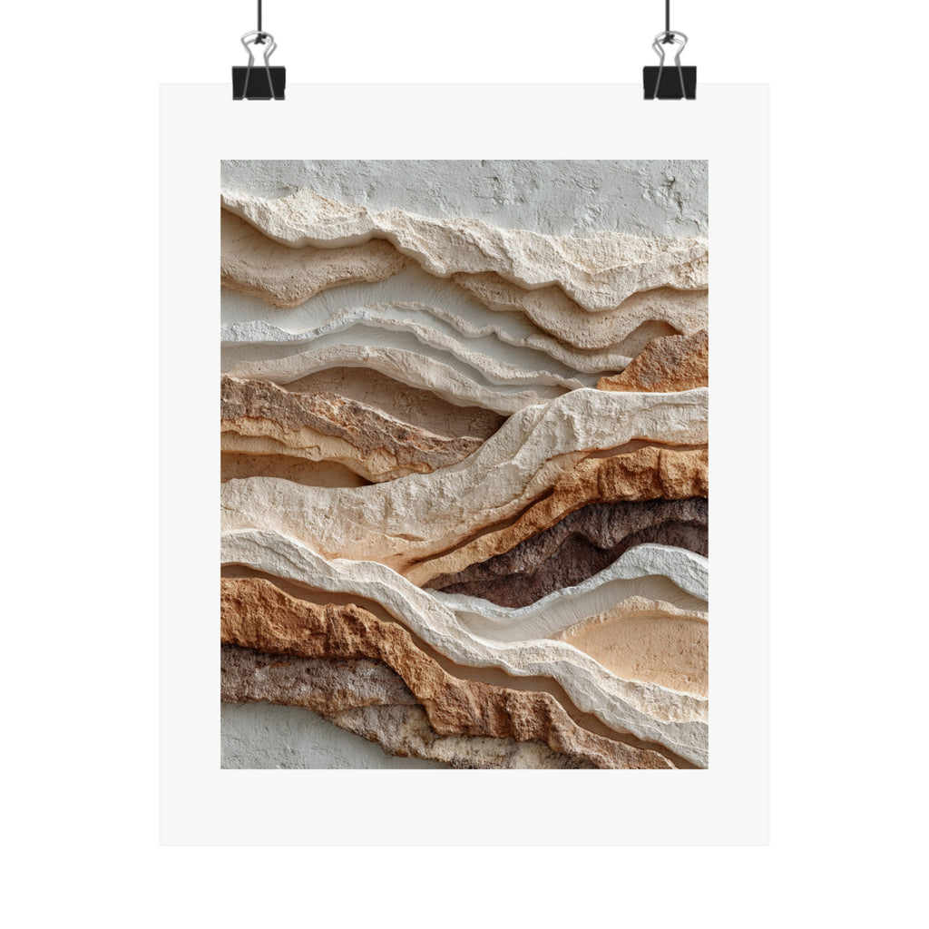 Erosion layered earth wall art with textured ivory, sand, clay brown, and dark earth-tone bands inspired by canyon strata.