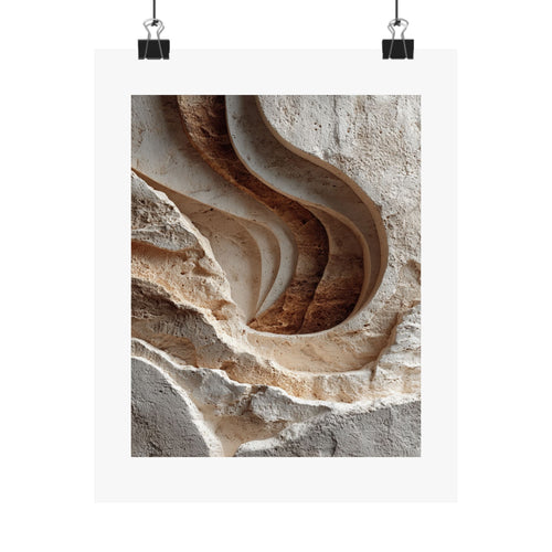 Abstract sculpted wall art with carved ivory stone layers, deep rust-brown recesses, and textured organic relief details.
