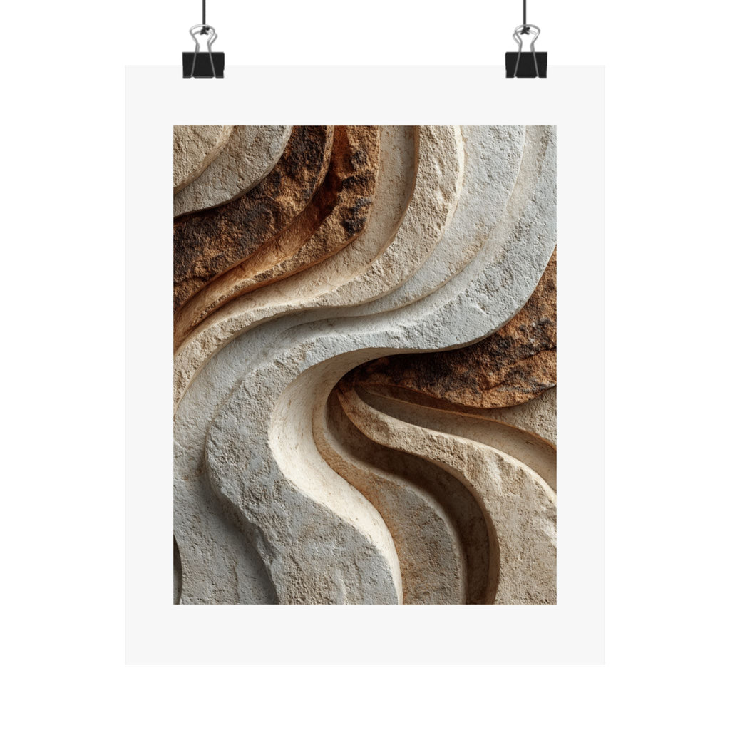 Natural stone abstract wall art featuring flowing sculptural layers and textured earth tones for Wabi-Sabi and organic modern interiors.