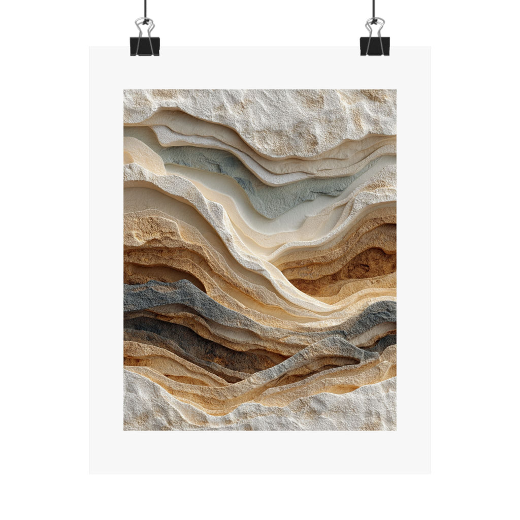 Stillness layered landscape wall art with textured ivory, sand, clay brown, gray, and muted blue earth-tone layers.