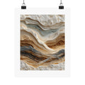 Stillness layered landscape wall art with textured ivory, sand, clay brown, gray, and muted blue earth-tone layers.