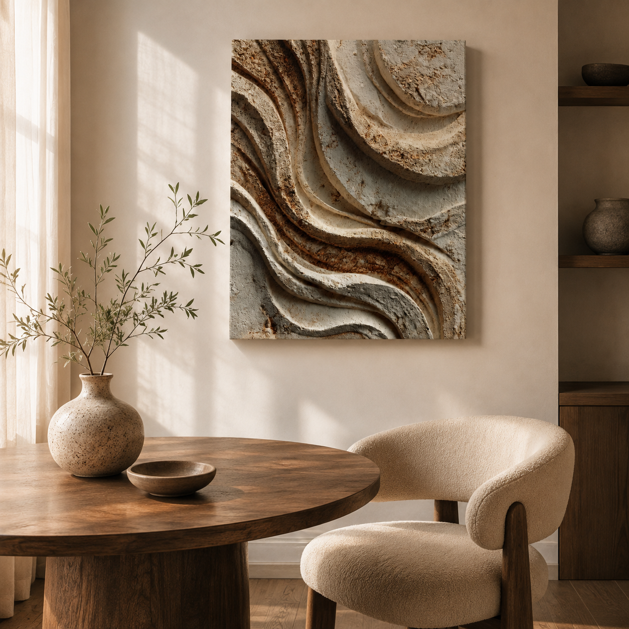 Sediment canvas wall art styled in a warm organic modern dining space with natural wood furniture.