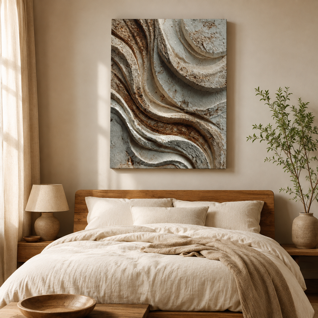 Sediment textured canvas wall art displayed above a neutral bed in a calm minimalist bedroom.