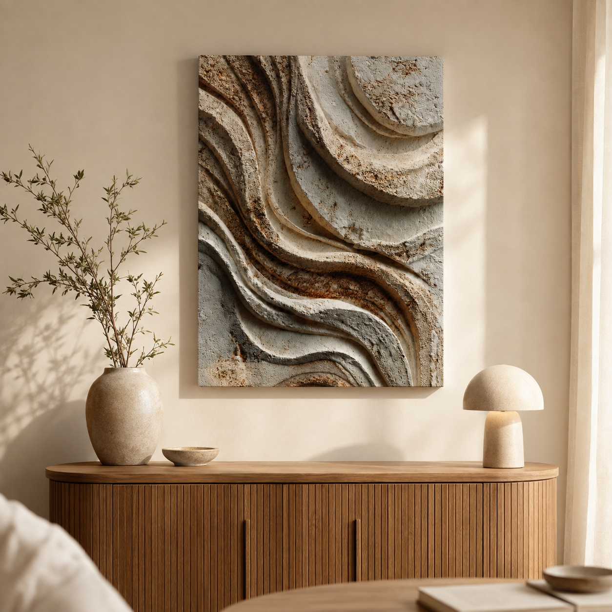 Sediment canvas wall art styled above a wooden console in a warm organic modern interior.