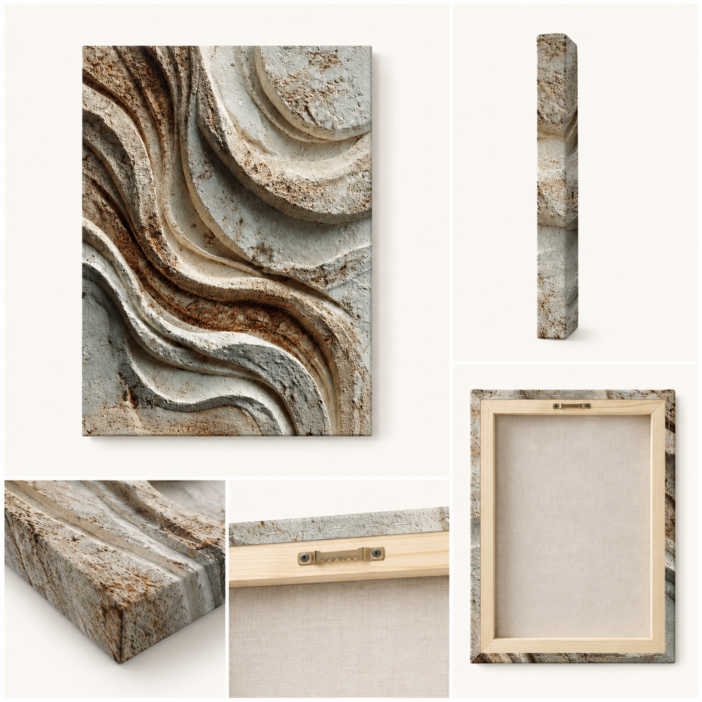 Back and side construction details of Sediment stretched canvas showing wooden stretcher bars and hanging hardware.