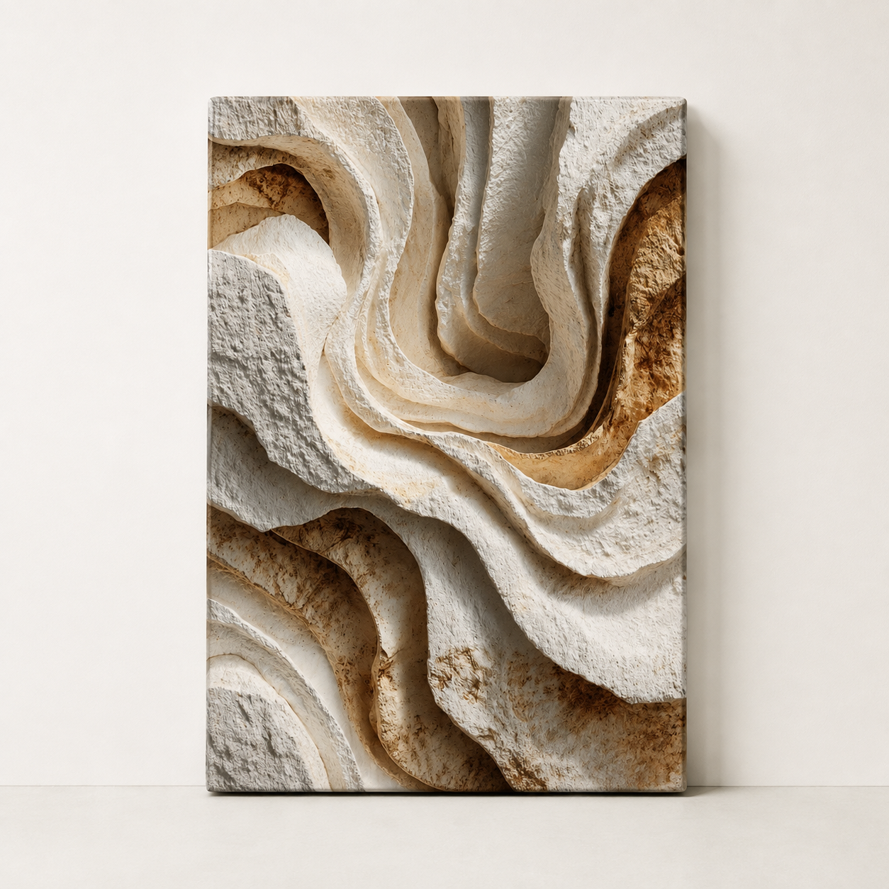 Monolith textured canvas wall art in warm neutral earth tones, shown as a vertical stretched canvas on a clean light background
