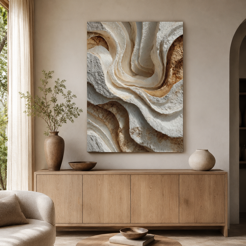 Monolith textured canvas wall art displayed above a natural wood sideboard in a warm organic modern interior