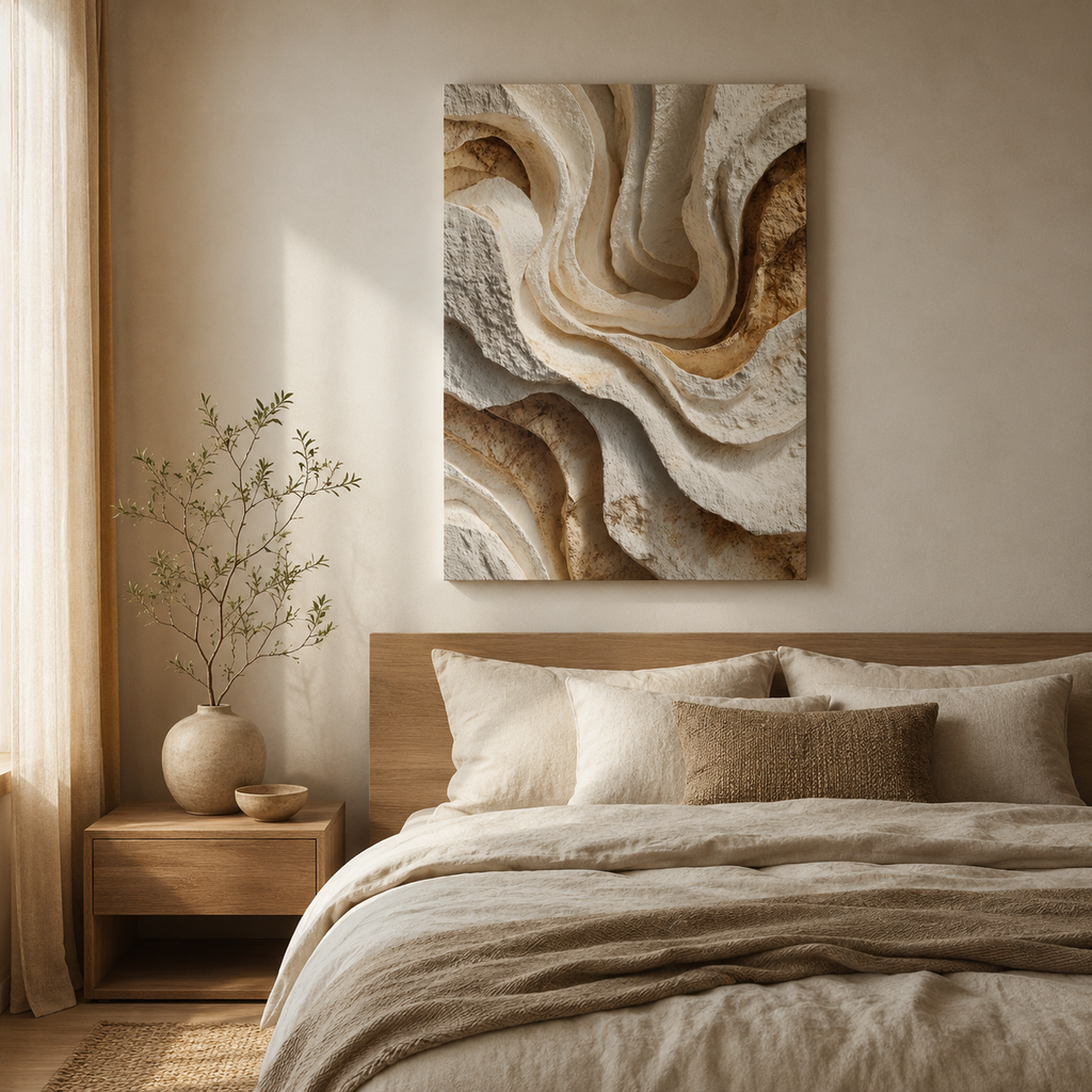 Monolith neutral textured canvas wall art styled above a bed in a warm minimalist organic modern bedroom