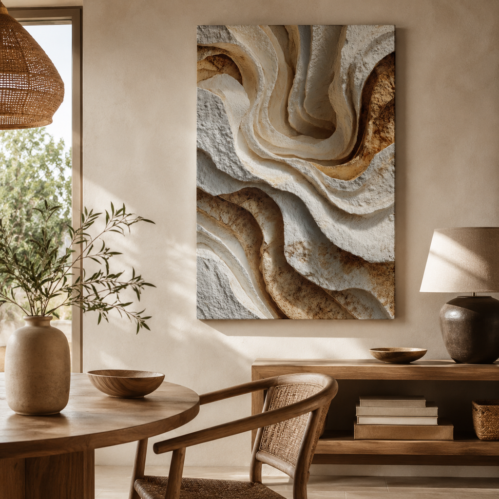 Monolith textured canvas wall art displayed in a warm neutral dining and reading space with natural wood furniture