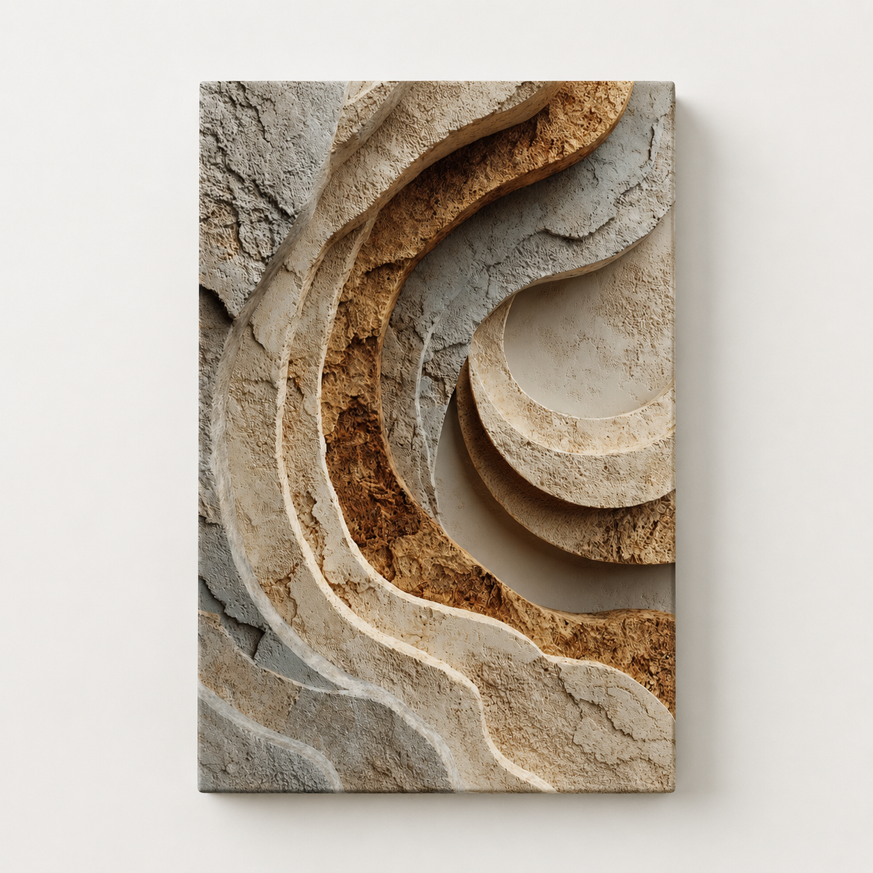 Strata textured canvas wall art in warm neutral earth tones, shown as a vertical stretched canvas on a clean light background