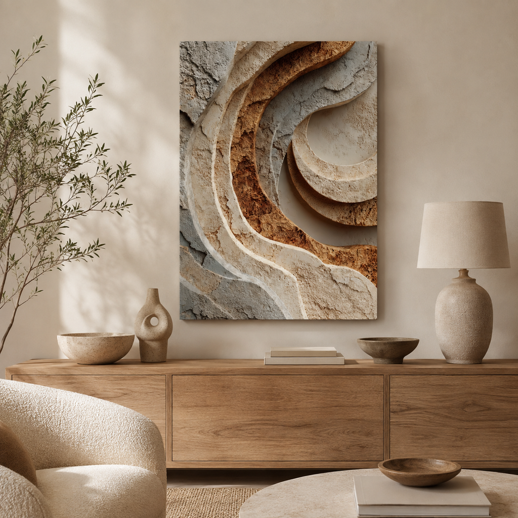 Strata textured canvas wall art displayed above a natural wood sideboard in a warm organic modern living room