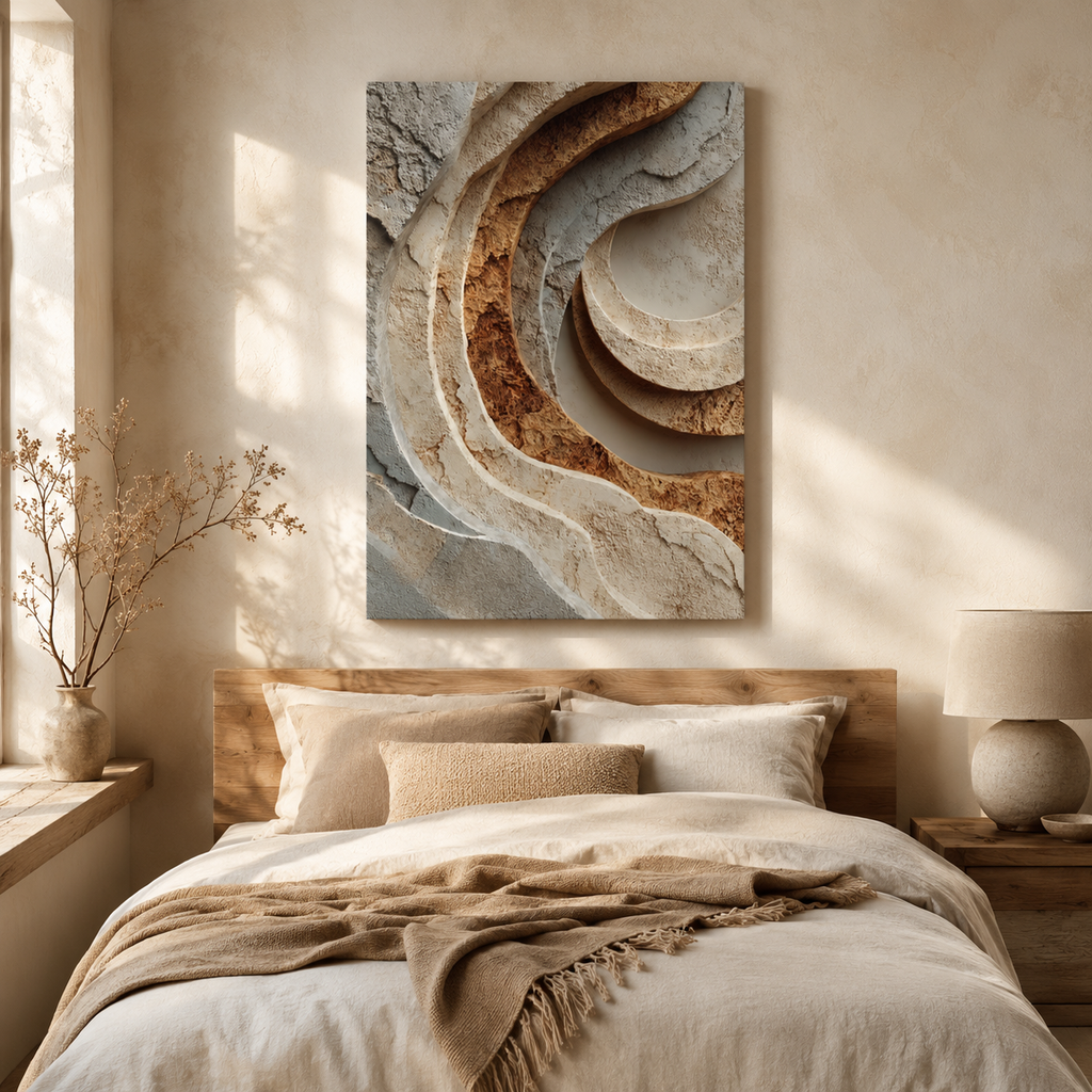 Strata neutral textured canvas wall art styled above a bed in a warm minimalist organic modern bedroom