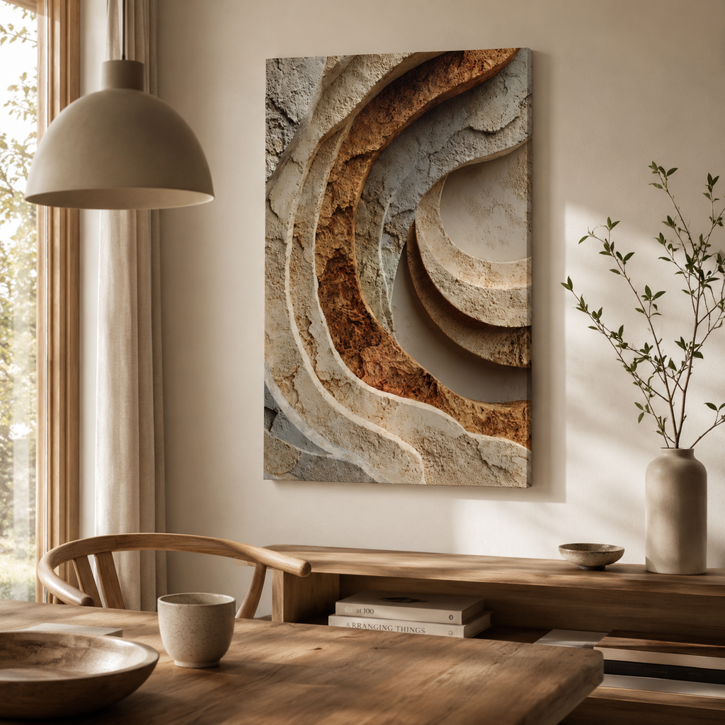Strata textured canvas wall art displayed in a warm neutral dining and reading space with natural wood furniture