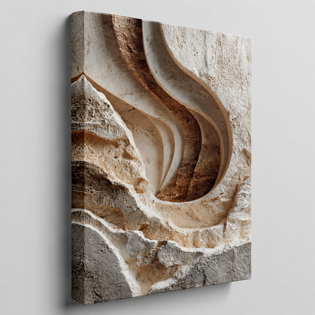 Close-up side view of Carved stretched canvas showing canvas depth, gallery-wrapped edges and continuous artwork wrapping
