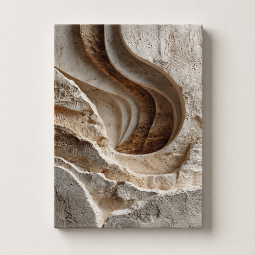 Carved textured canvas wall art in warm neutral earth tones, shown as a vertical stretched canvas on a clean light background