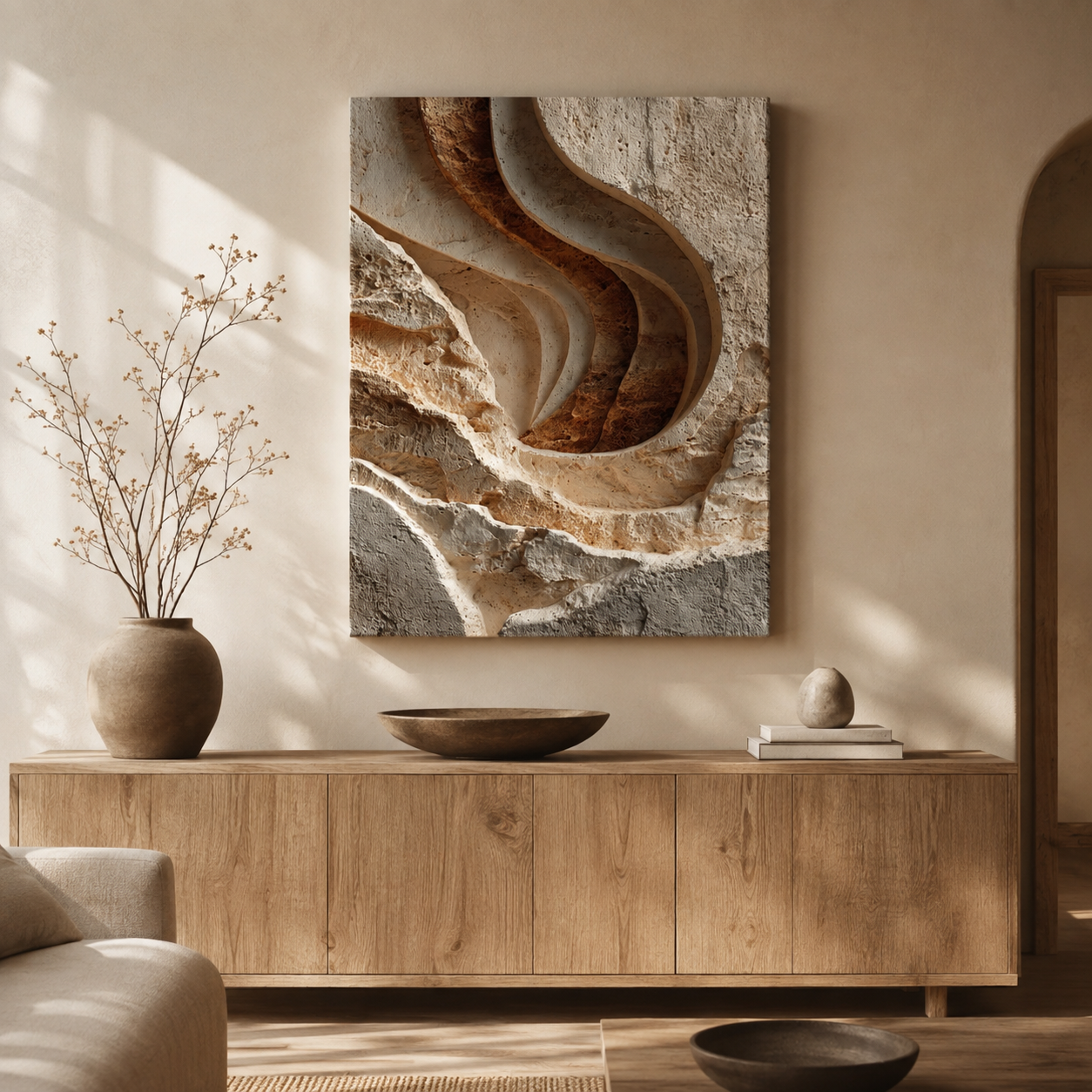 Carved textured canvas wall art displayed above a natural wood sideboard in a warm organic modern living room