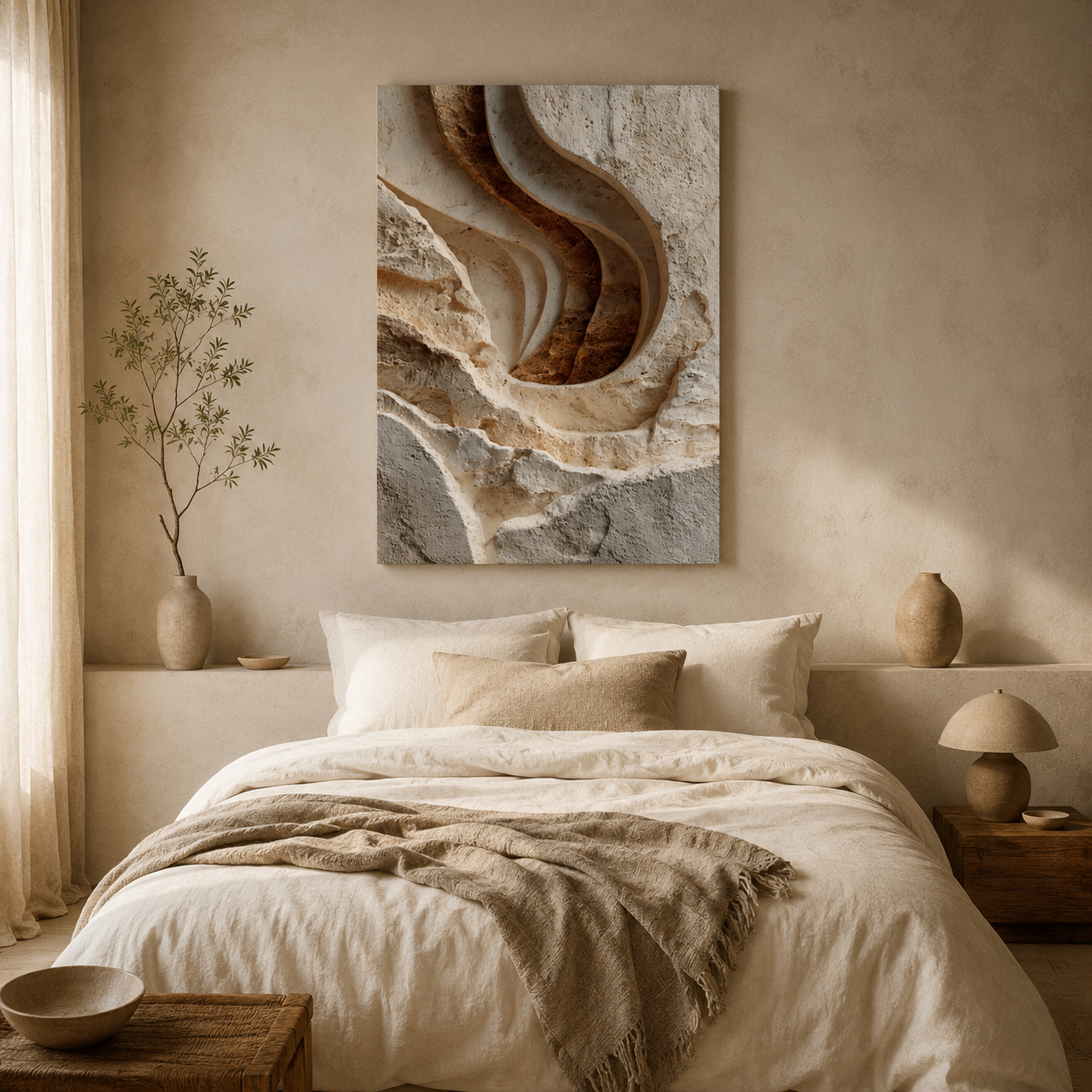Carved neutral textured canvas wall art styled above a bed in a warm minimalist organic modern bedroom