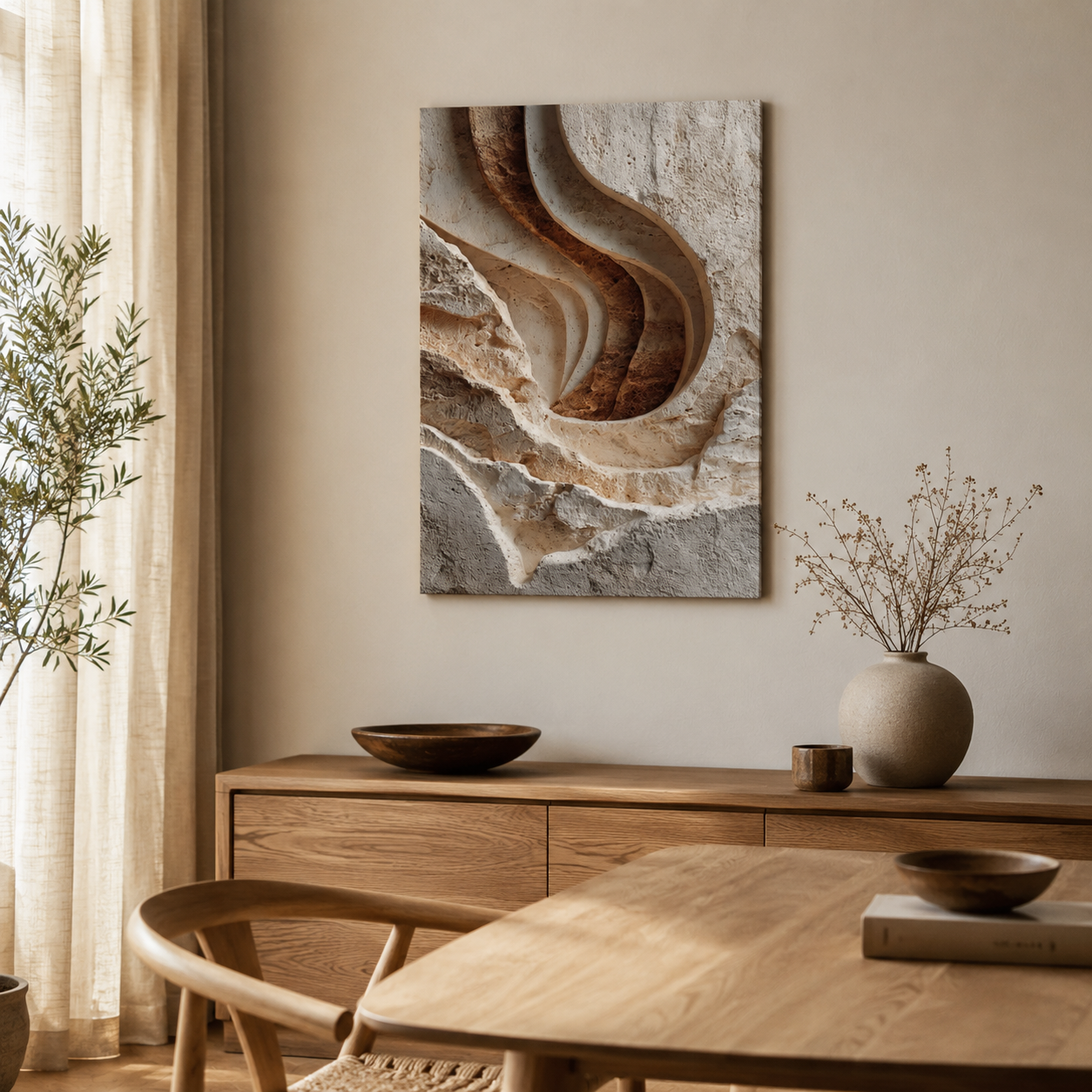 Carved textured canvas wall art displayed in a warm neutral dining and reading space with natural wood furniture