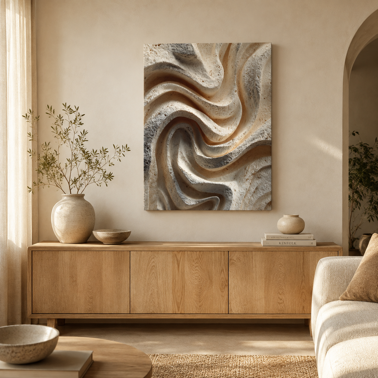 Ripple textured canvas wall art displayed above a natural wood sideboard in a warm organic modern living room