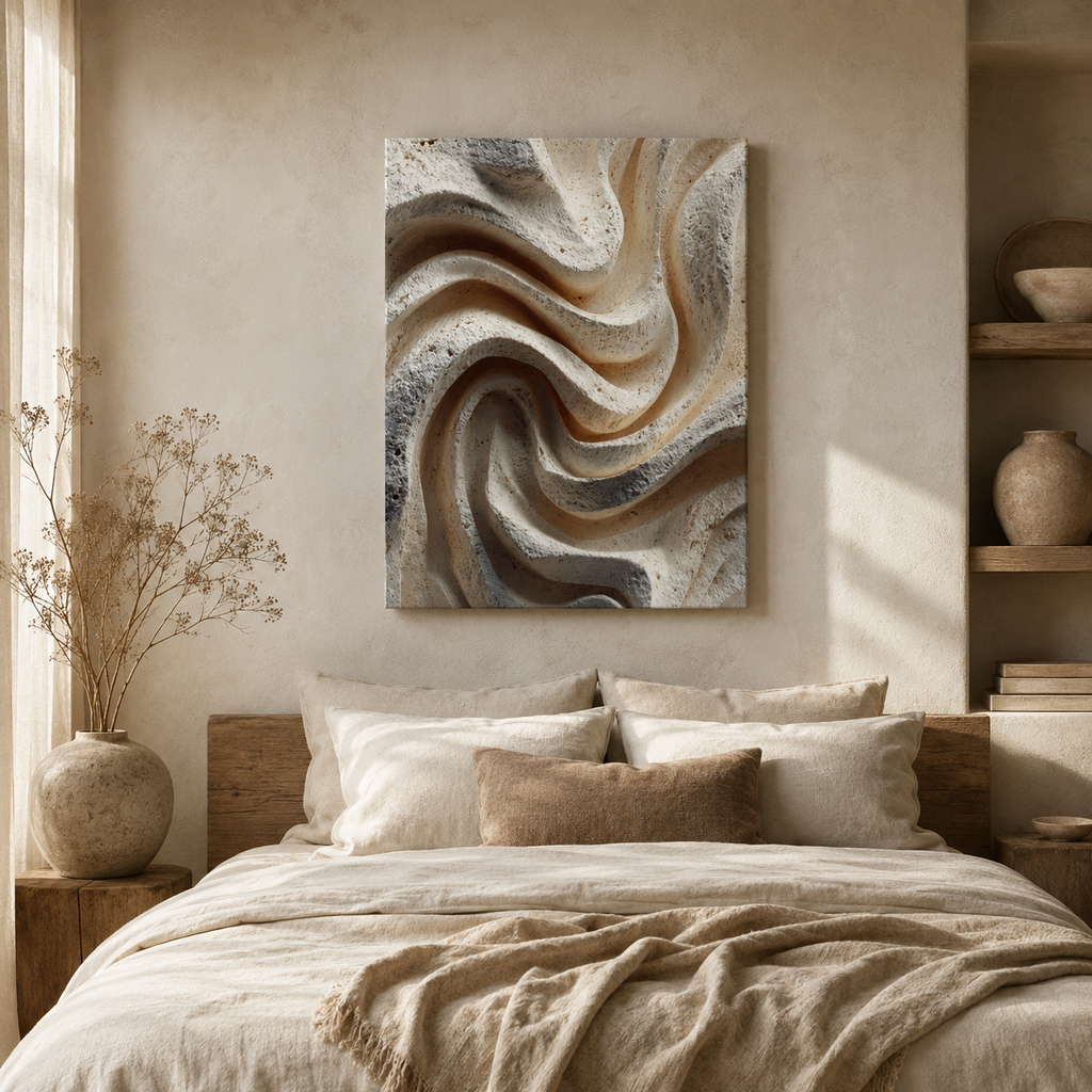 Ripple neutral textured canvas wall art styled above a bed in a warm minimalist organic modern bedroom