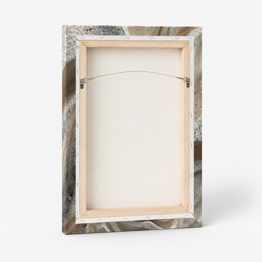 Back view of Ripple stretched canvas showing wooden stretcher frame, wrapped canvas edges, staples and hanging wire