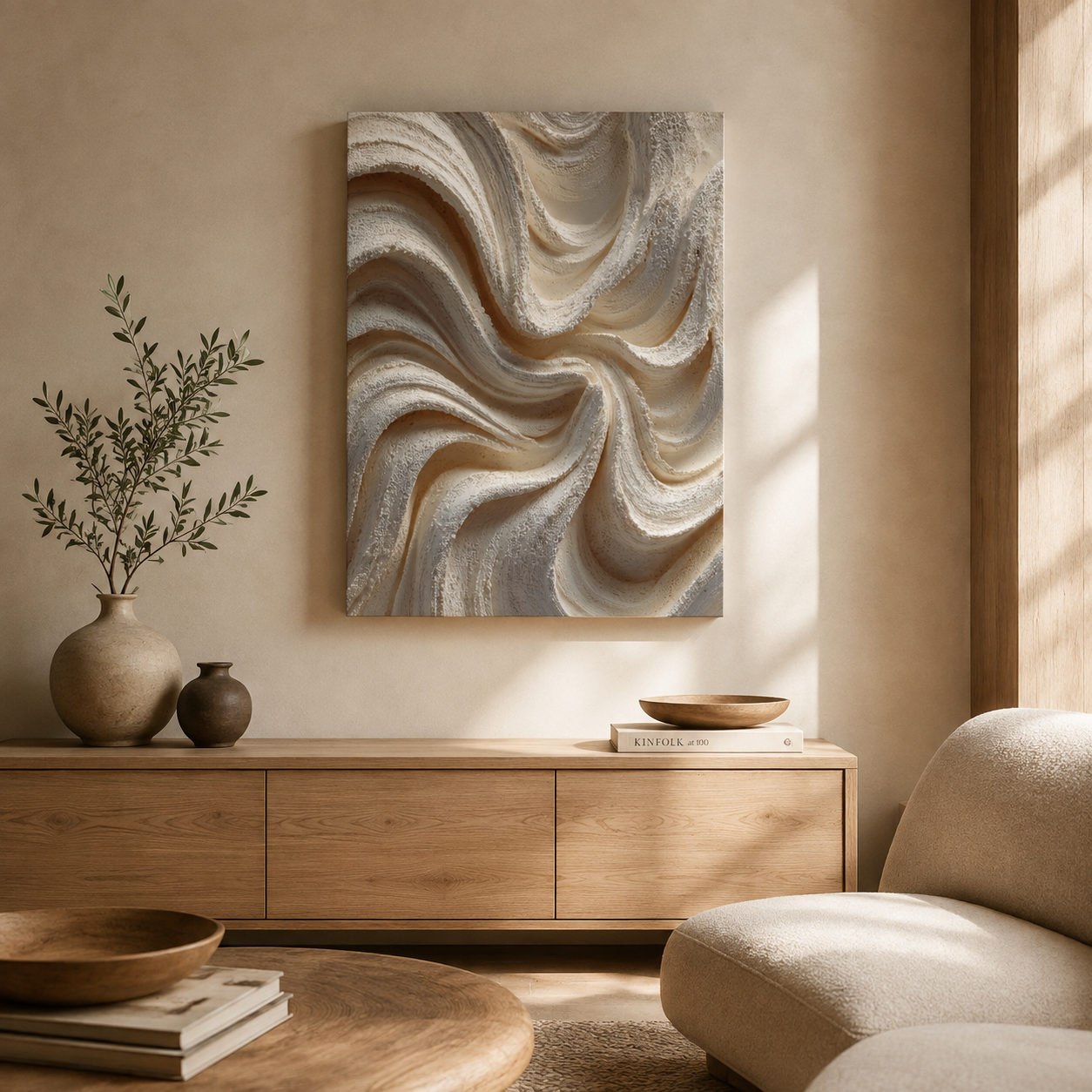 Current Textured Canvas Wall Art displayed above a light wood sideboard in an organic modern living room with warm neutral decor and soft natural light.
