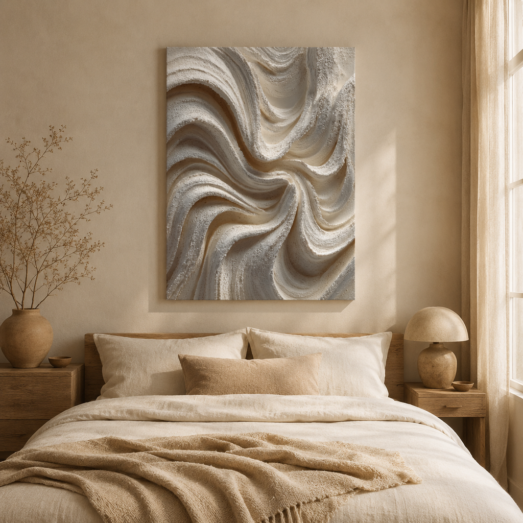 Current Textured Canvas Wall Art styled in a calm neutral bedroom above the bed, adding soft sculptural texture to the space.