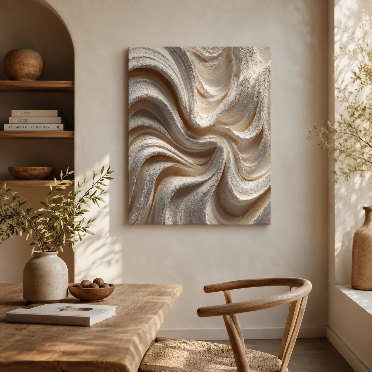 Current Textured Canvas Wall Art shown in a warm minimalist reading nook or dining corner with natural wood furniture and soft earthy tones.