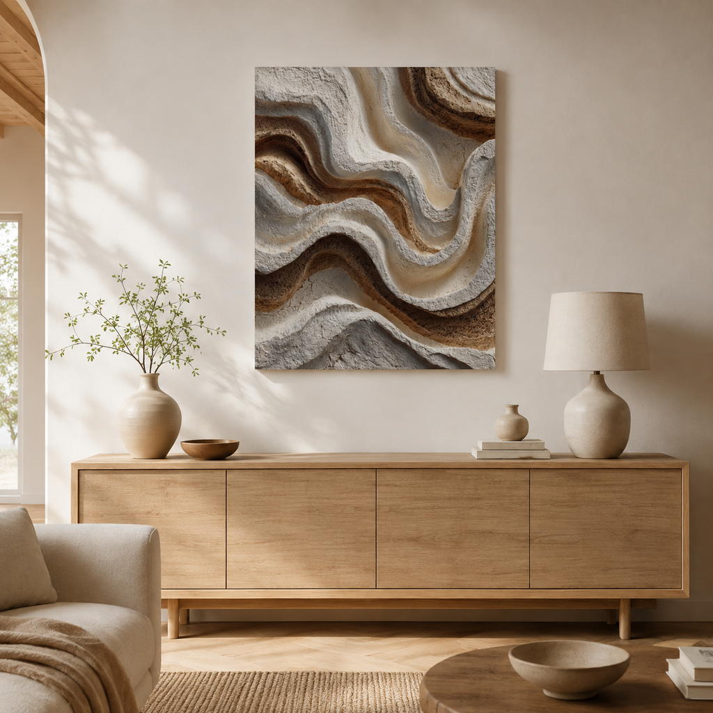 Contour textured canvas wall art displayed above a wooden sideboard in an organic modern living room