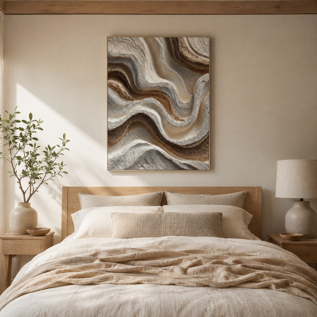 Contour textured canvas wall art styled in a warm neutral bedroom with soft organic modern decor