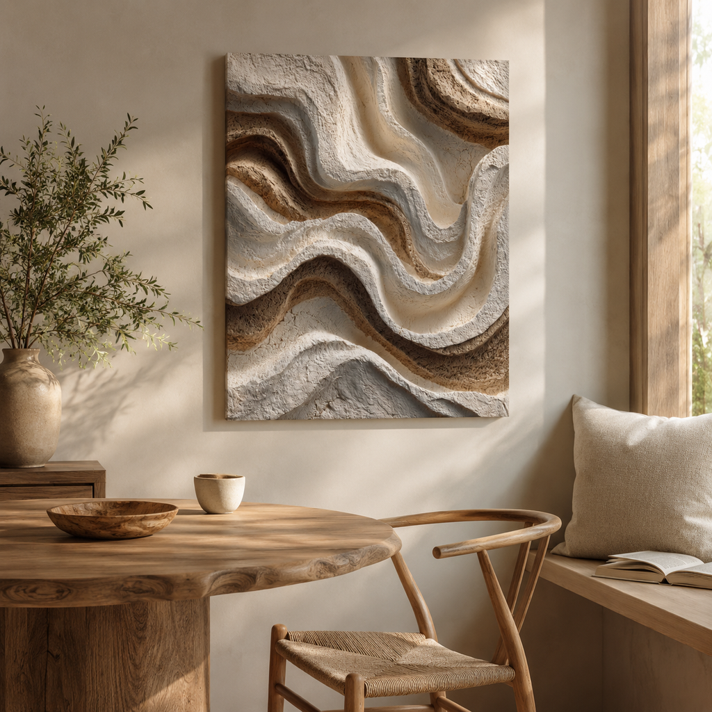 Contour textured canvas wall art displayed in a calm organic modern reading space with warm natural light