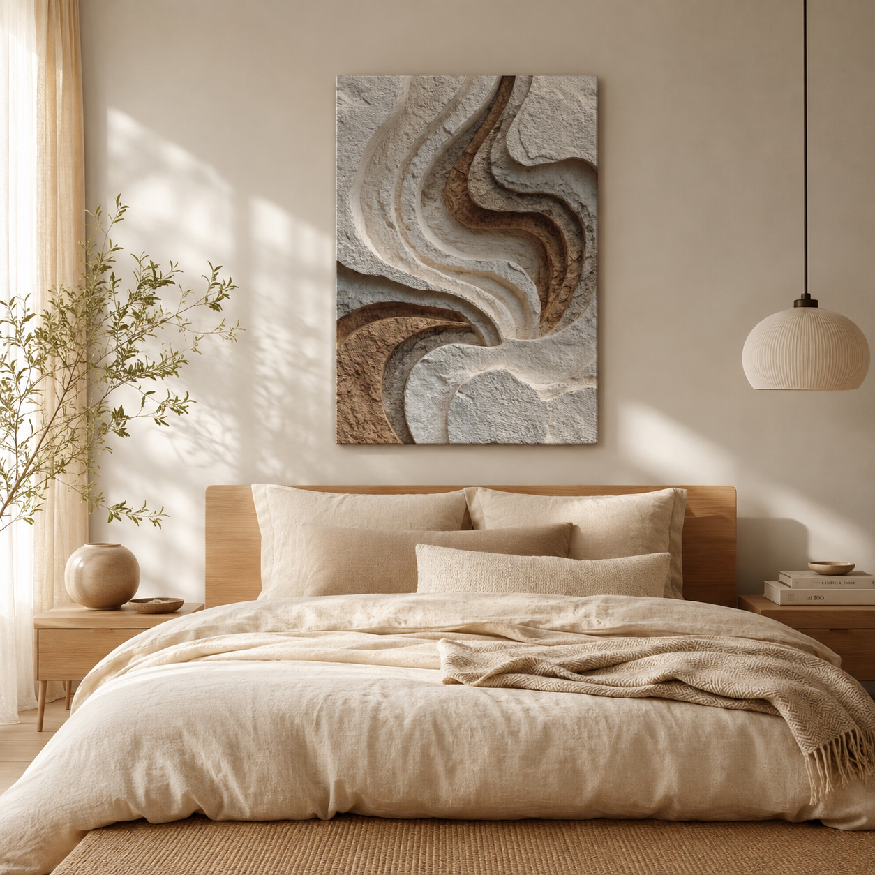 Relief textured canvas wall art styled in a serene neutral bedroom with soft bedding and warm organic modern accents