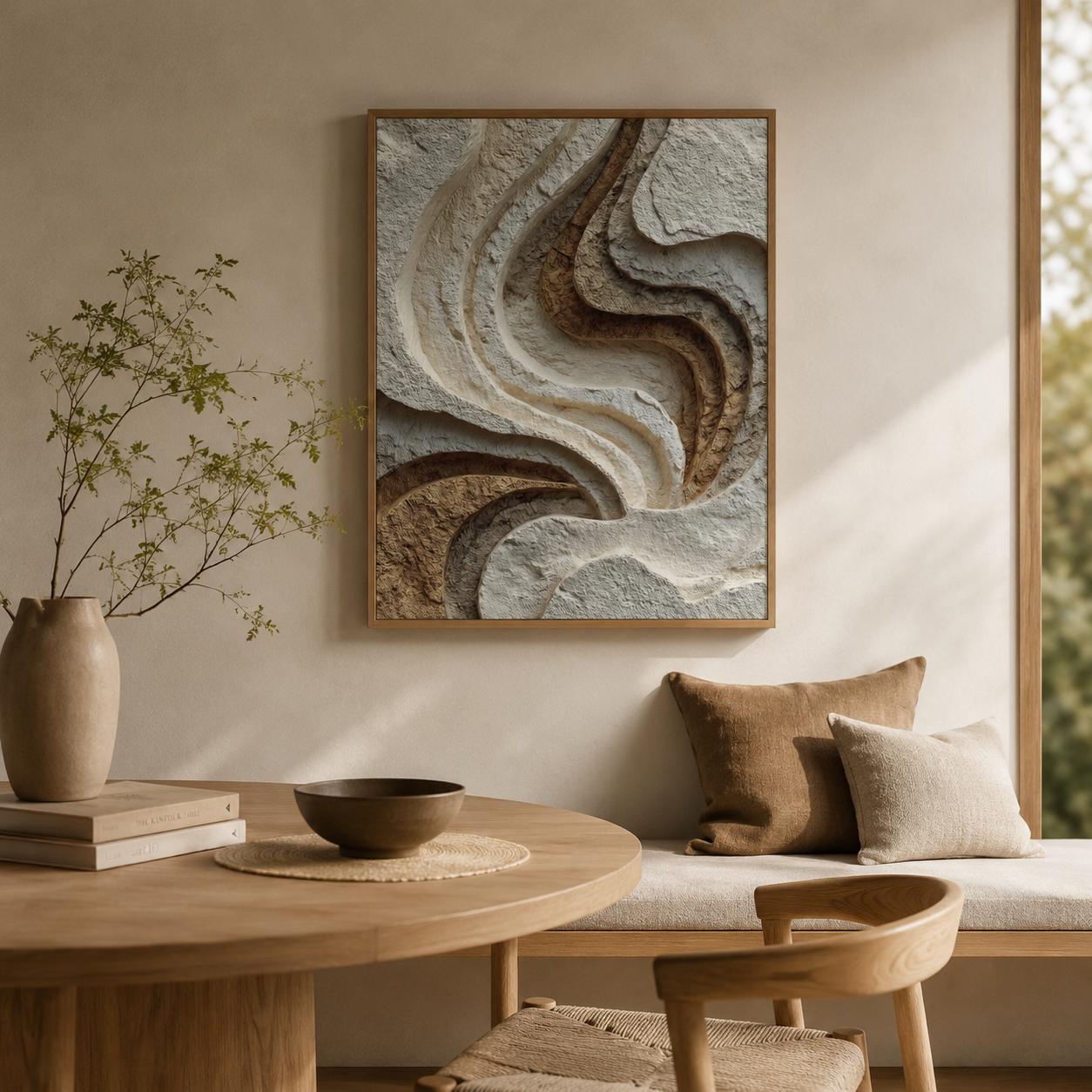 Relief textured canvas wall art displayed in a warm minimalist reading or dining corner with natural wood and soft sunlight