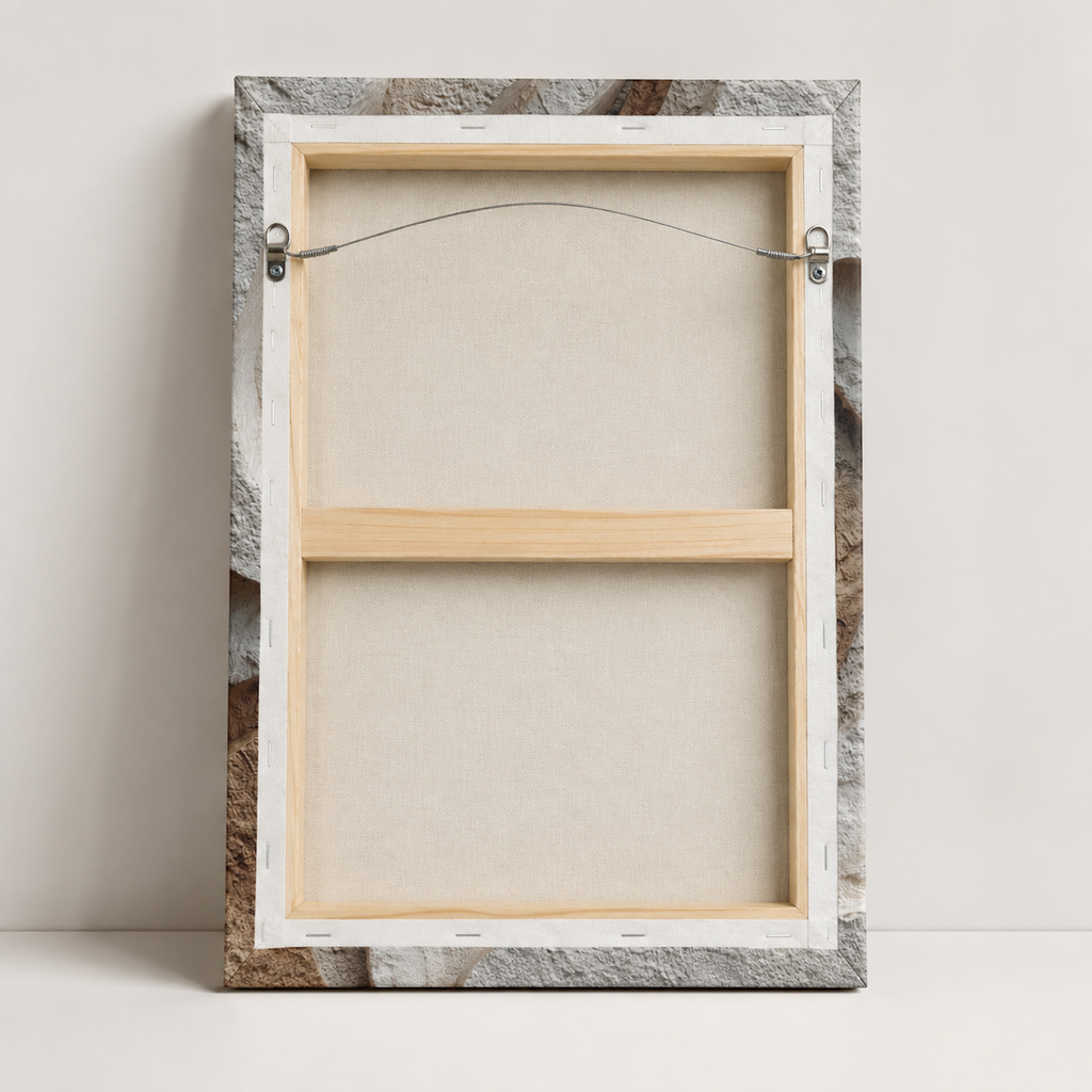 Back view of Relief textured canvas wall art showing wooden stretcher frame, canvas backing, and hanging hardware detail