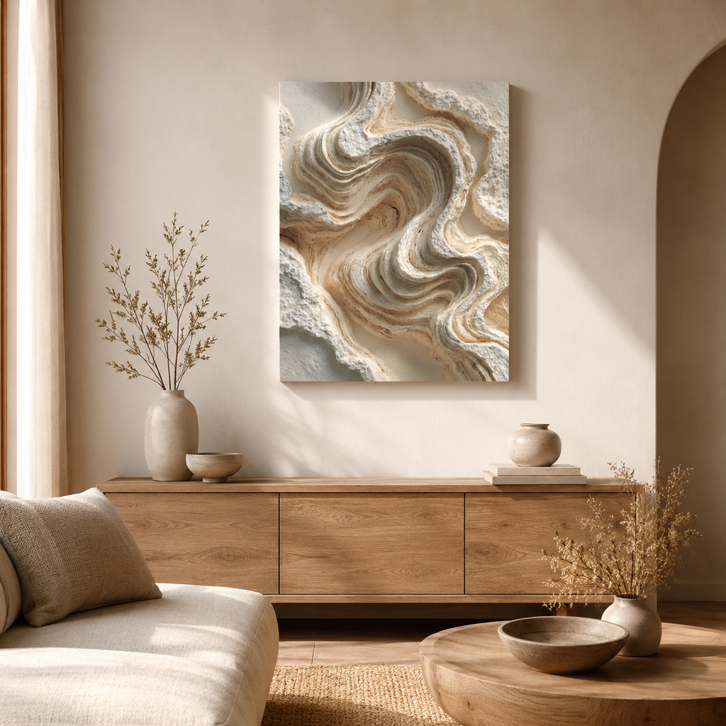 Dune textured canvas wall art displayed above a natural wood sideboard in a warm organic modern living room