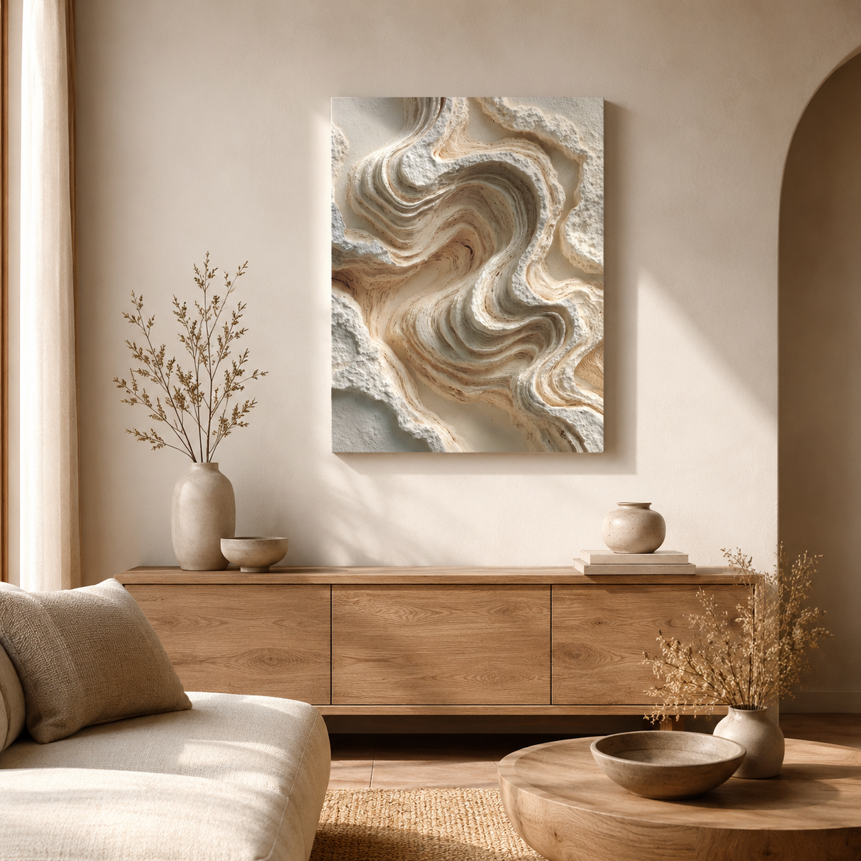 Dune textured canvas wall art displayed above a natural wood sideboard in a warm organic modern living room