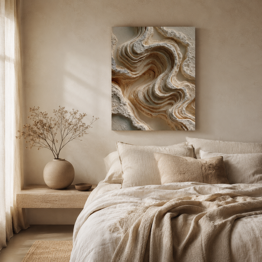 Dune textured canvas wall art styled above a bed in a serene neutral bedroom with soft organic modern decor