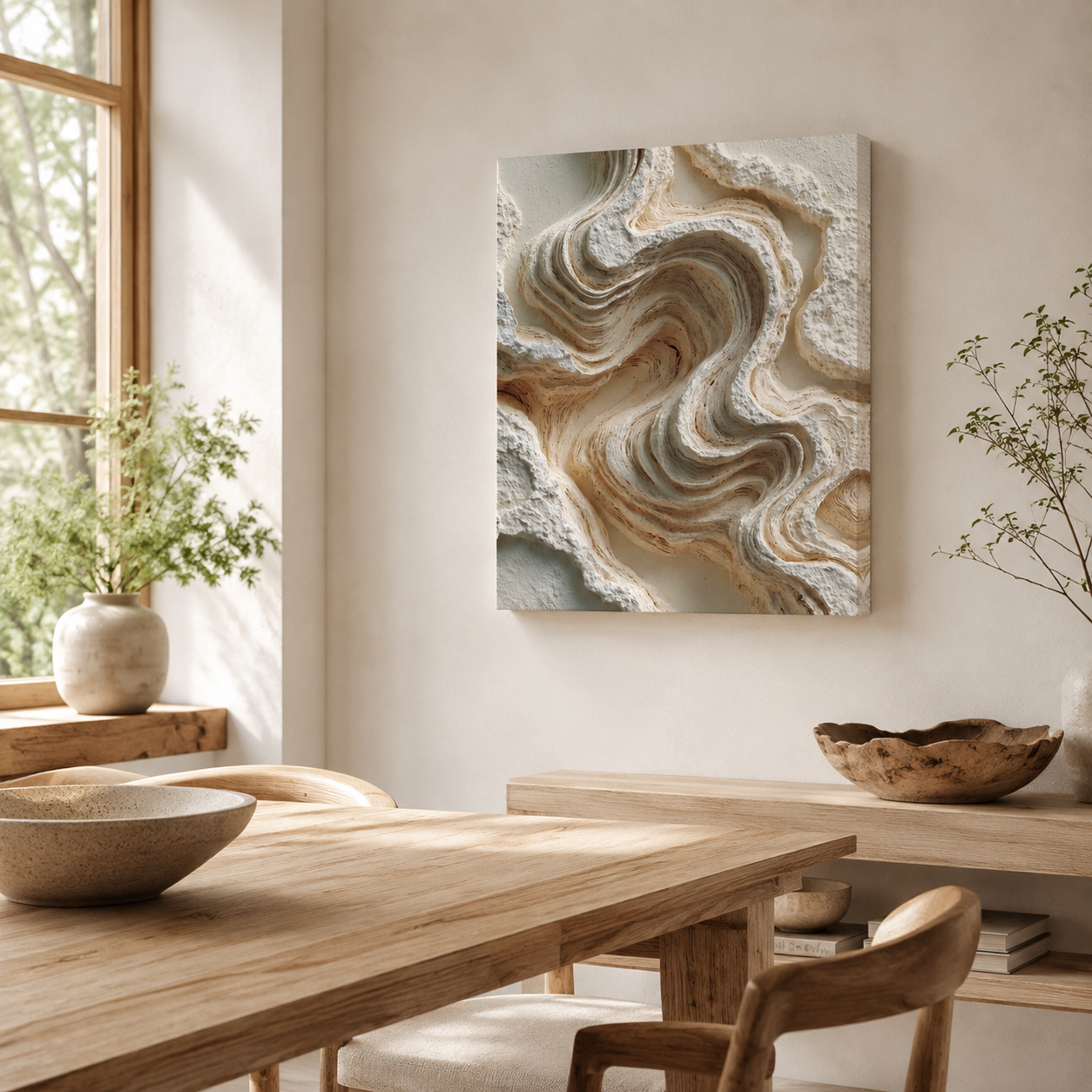 Dune textured canvas wall art displayed in a warm minimalist dining and reading space with natural wood furniture