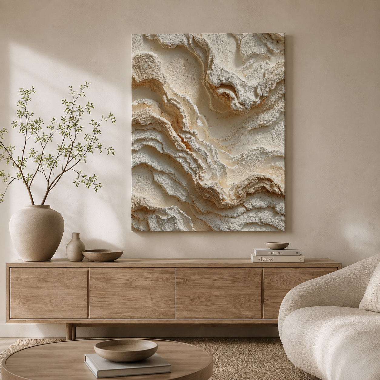Terra textured canvas wall art displayed above a natural wood sideboard in a warm organic modern living room