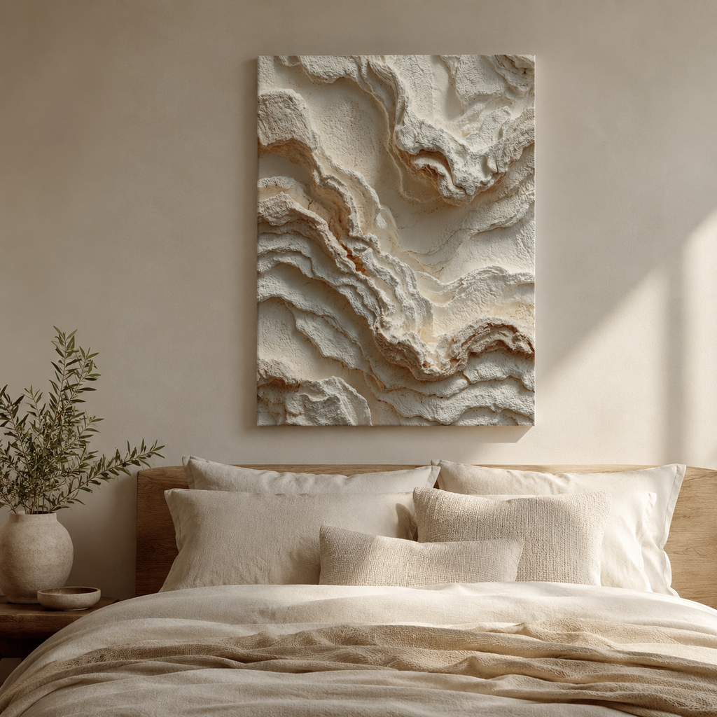 Terra textured canvas wall art styled above a bed in a serene neutral bedroom with soft earthy decor