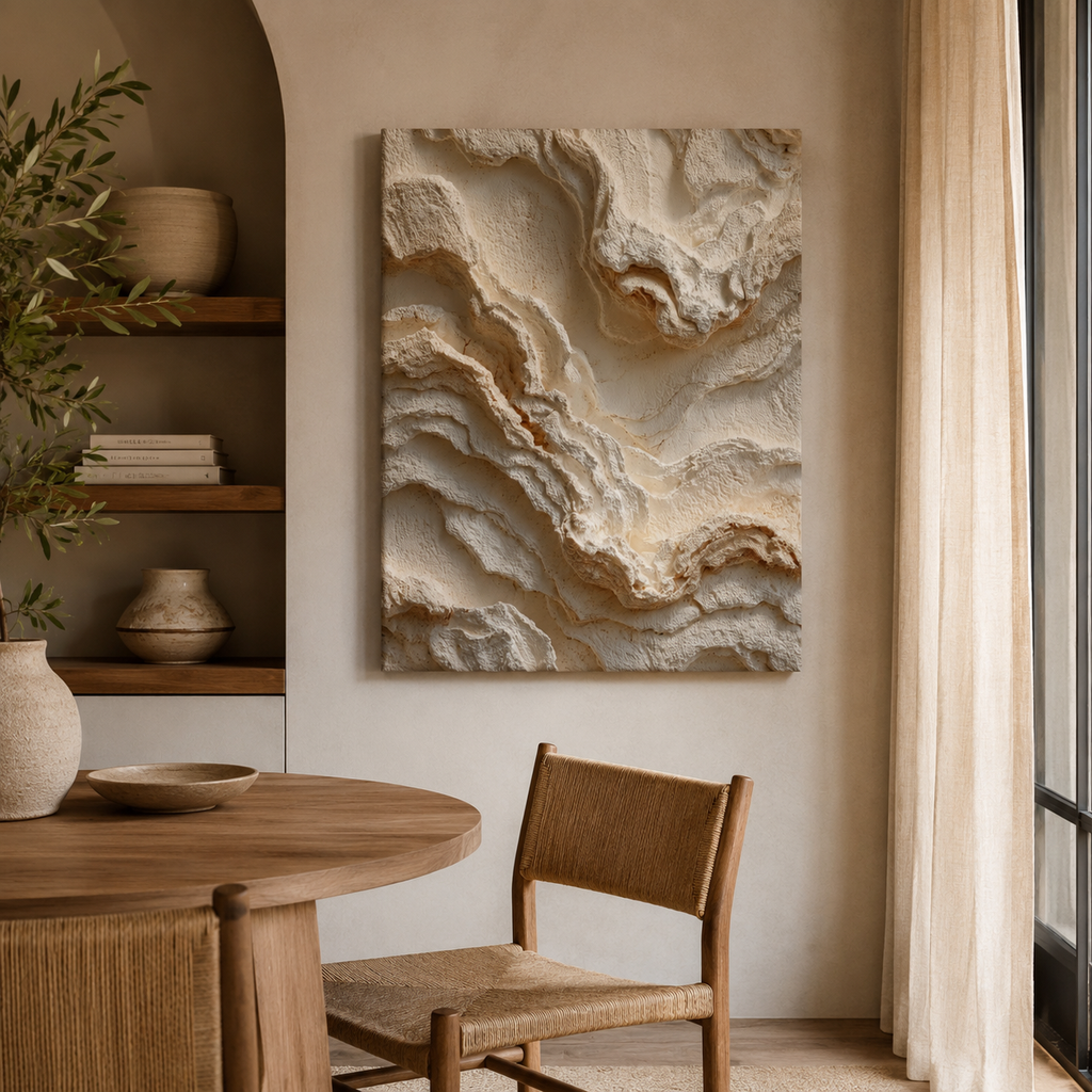 Terra textured canvas wall art displayed in a warm minimalist dining and reading space with natural wood furniture