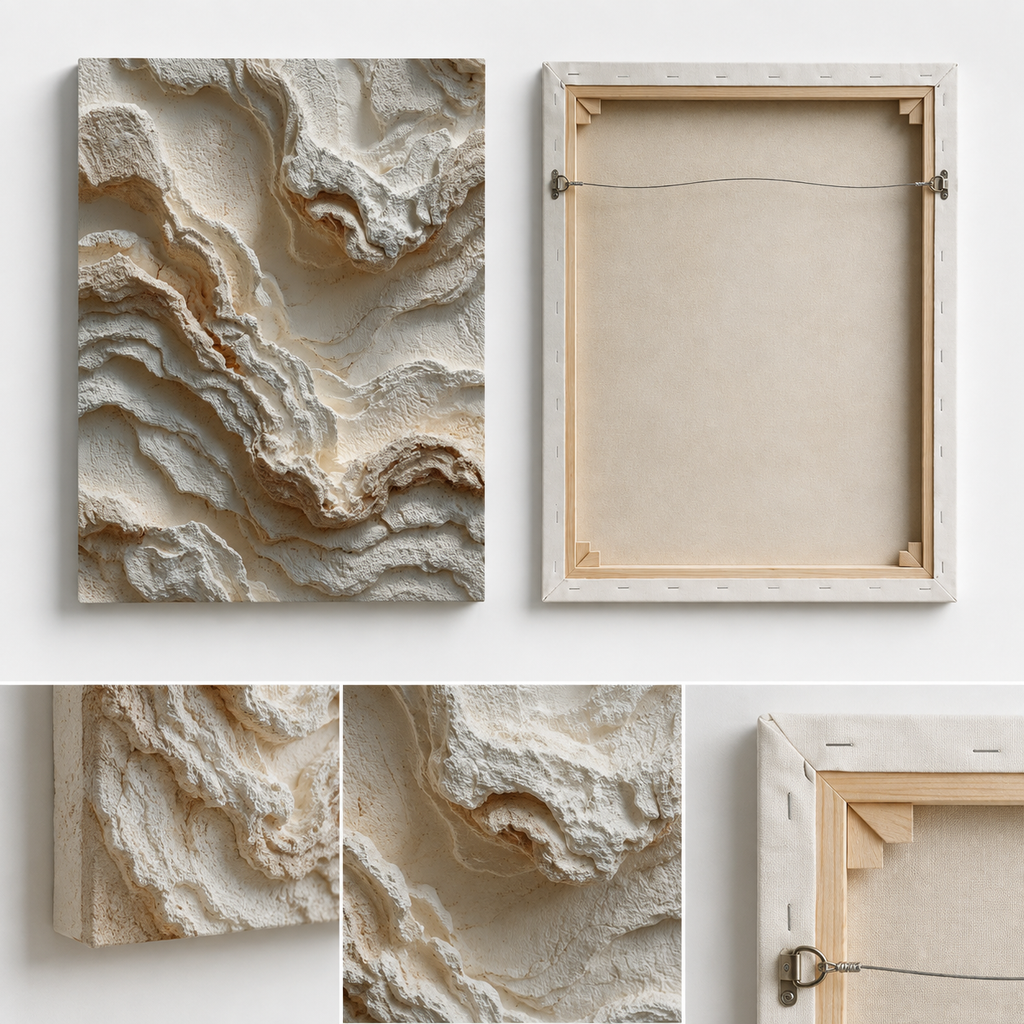 Back view of Terra textured canvas wall art showing wooden stretcher frame, wrapped canvas edges and hanging hardware