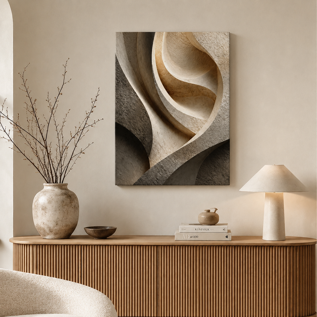 Canyon canvas wall art styled above a wooden console in a warm organic modern interior.