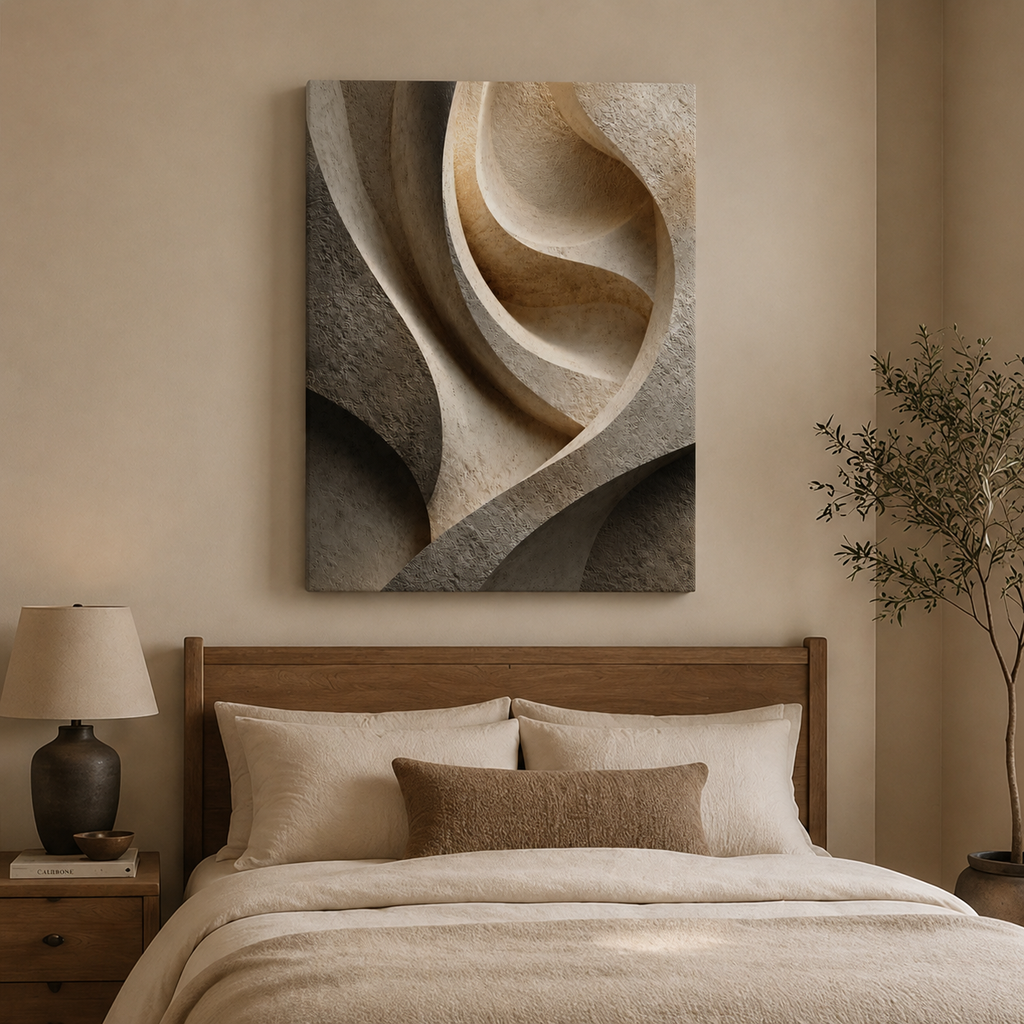 Canyon textured canvas wall art displayed above a neutral bed in a warm minimalist bedroom.