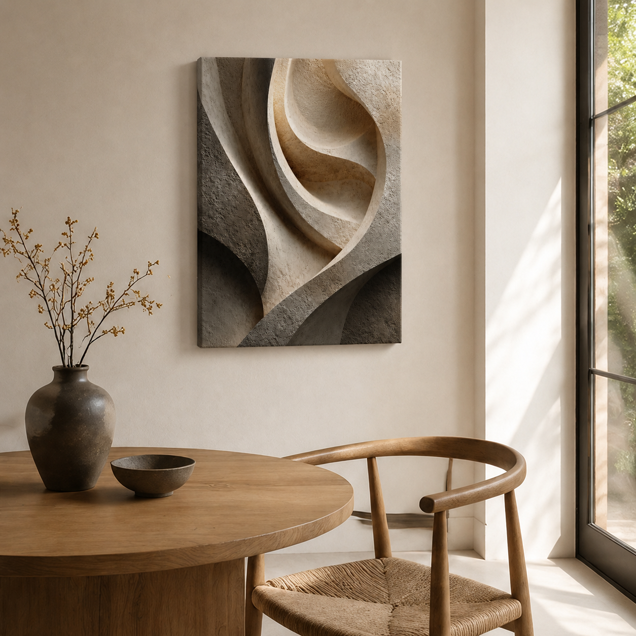 Canyon canvas wall art styled in a sunlit organic modern dining space with natural wood furniture.