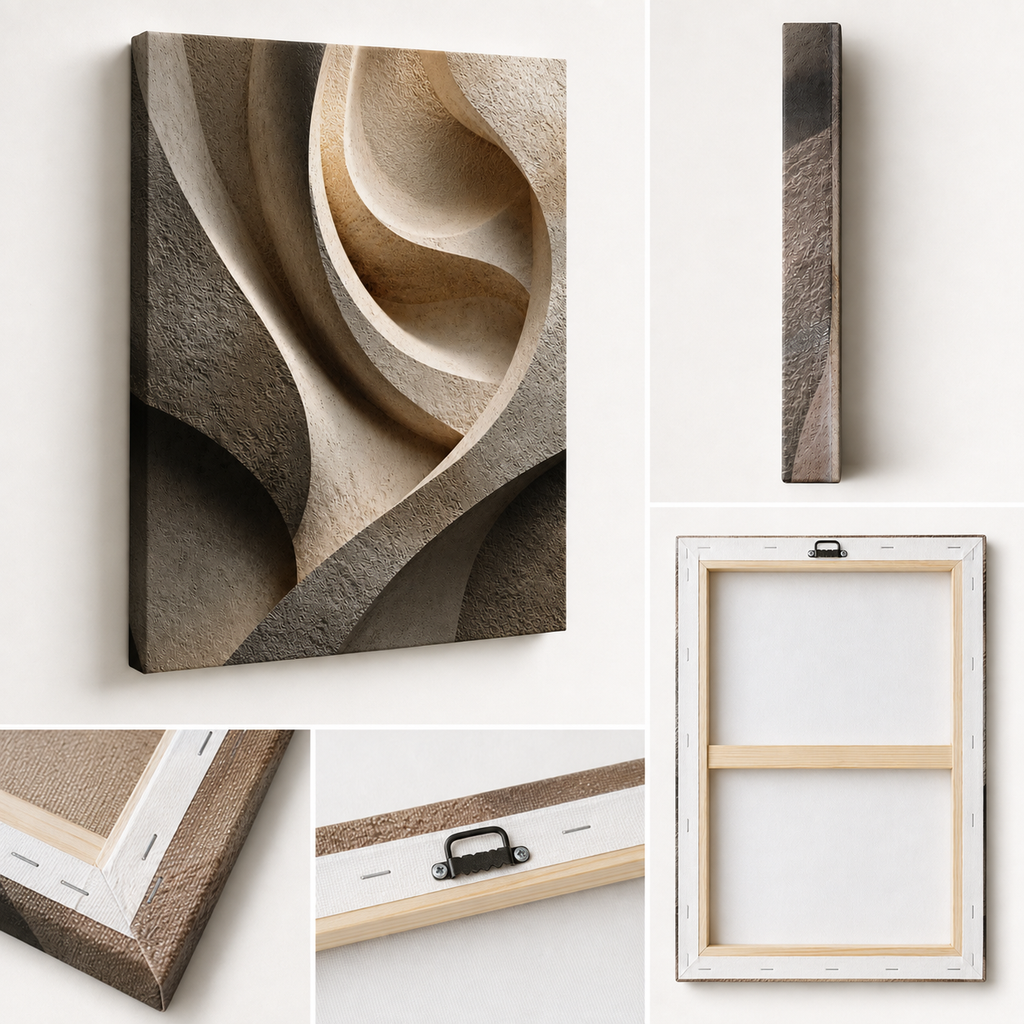 Back and side construction details of Canyon stretched canvas showing wooden stretcher bars, wrapped edges and hanging hardware.