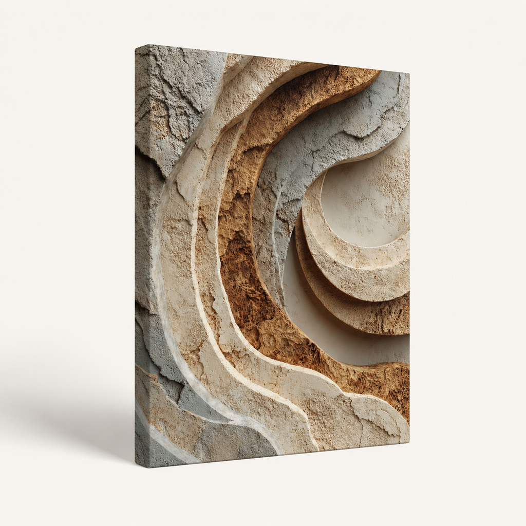 Close-up side view of Strata stretched canvas showing canvas depth, gallery-wrapped edges and continuous artwork wrapping